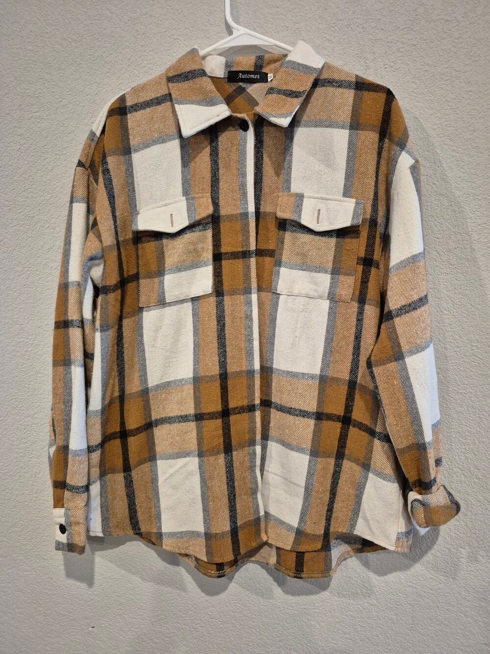 Automet Women's Checked Collared Shirt Jacket Medium Cream Brown White